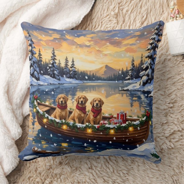 Golden Retriever Christmas Boat Holiday Throw Pillow (Blanket)