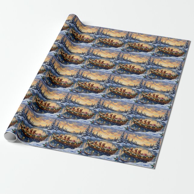 Golden Retriever Christmas Boat Holiday Wrapping Paper (Unrolled)