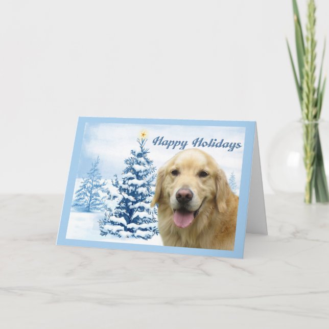 Golden Retriever  Christmas Card Blue Tree (Front)