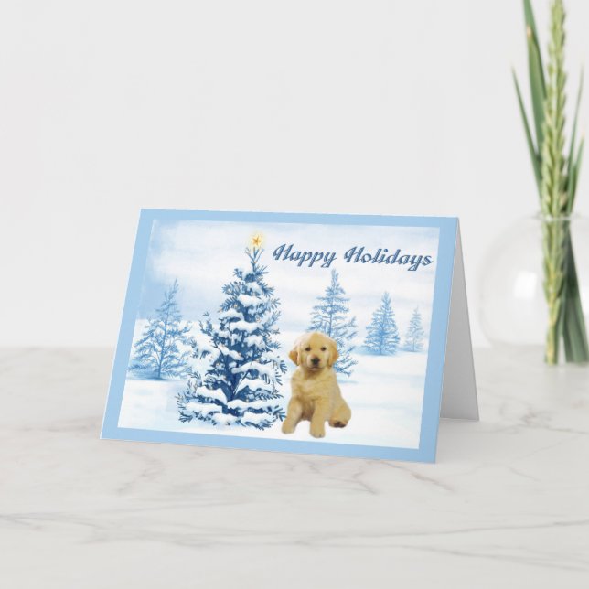 Golden Retriever  Christmas Card Blue Tree6 (Front)