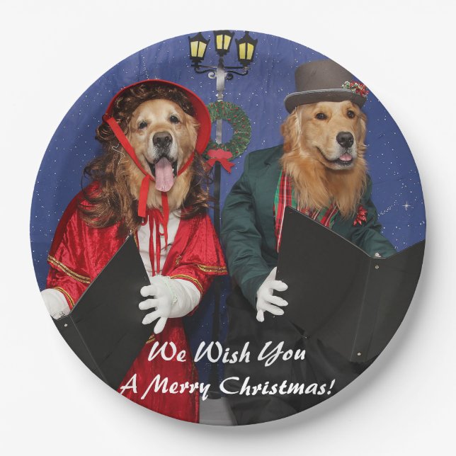 Golden Retriever Christmas Carolers Paper Plates (Front)