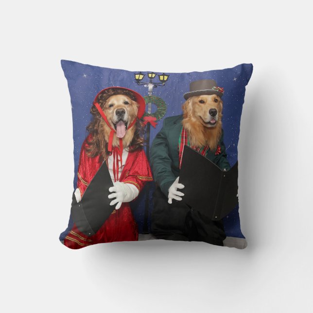 Golden Retriever Christmas Carolers Throw Pillow (Front)