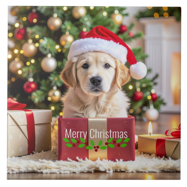 Golden Retriever Christmas Ceramic Tile (Front)