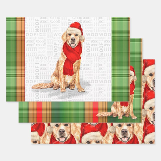 Golden Retriever Christmas Dog and Plaid Wrapping Paper Sheets (Set)