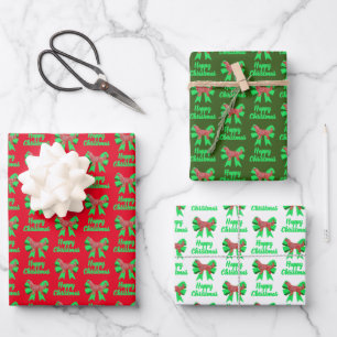 Golden Retriever Christmas Dog &Green Bow 3 Color Wrapping Paper Sheets