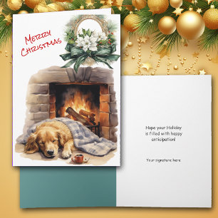 Golden Retriever Christmas Eve Fireplace Card