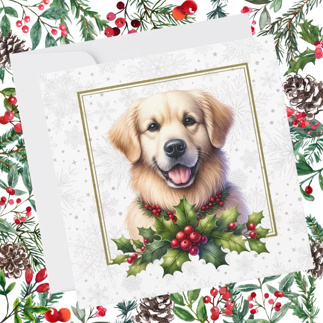 Golden Retriever Christmas Holly Snowflakes Holiday Card (Creator Uploaded)
