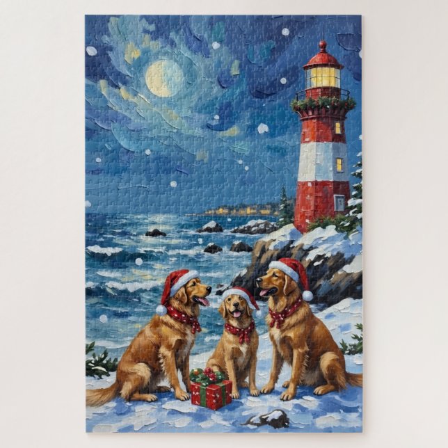 Golden Retriever Christmas Lighthouse Holiday Jigsaw Puzzle (Vertical)
