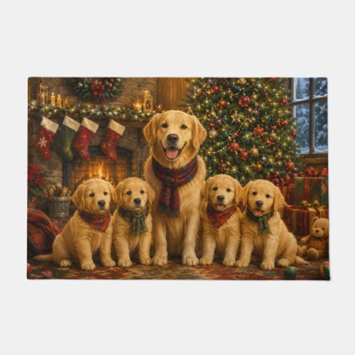 Golden Retriever Christmas Painting with 4 Puppies Doormat