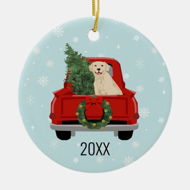 Golden Retriever Christmas Red Truck Ceramic Ornament (Front)