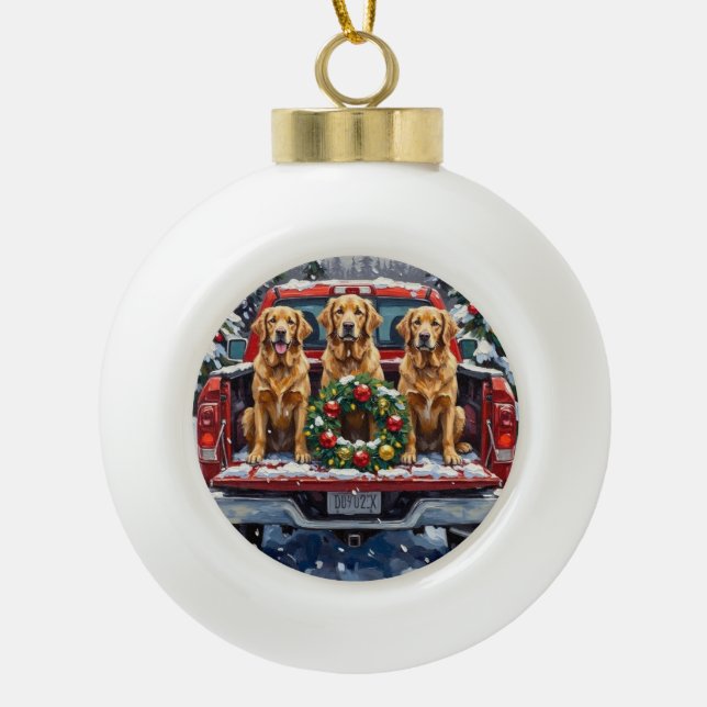 Golden Retriever Christmas Red Truck Holiday Ceramic Ball Christmas Ornament (Front)