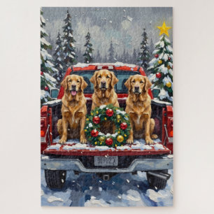 Golden Retriever Christmas Red Truck Holiday Jigsaw Puzzle