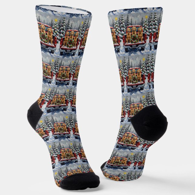 Golden Retriever Christmas Red Truck Holiday Socks (Angled)