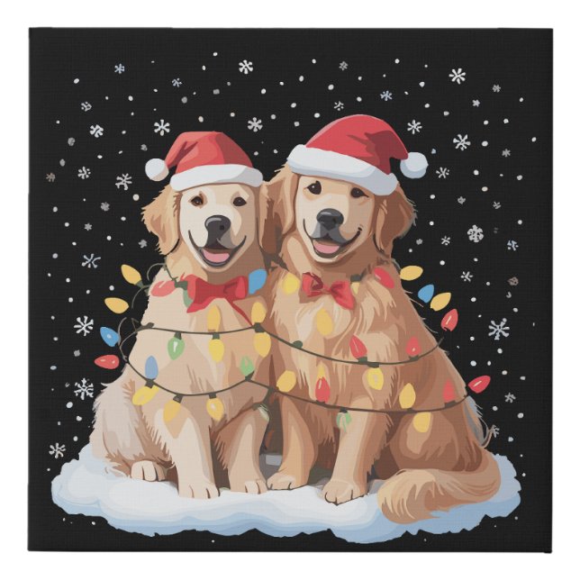 Golden Retriever Christmas Santa Hat Reindeer  Faux Canvas Print (Front)