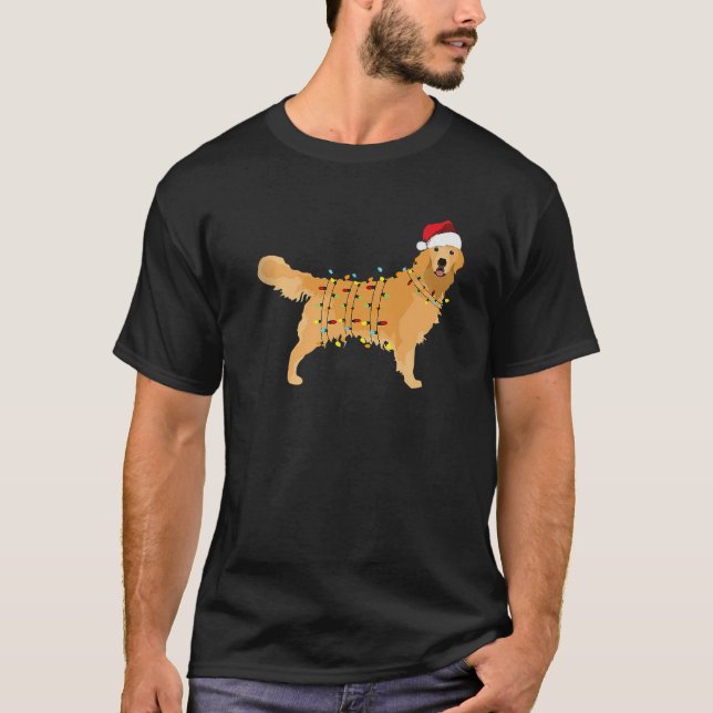 Golden Retriever Christmas Santa Hat Tree Lights P T-Shirt (Front)
