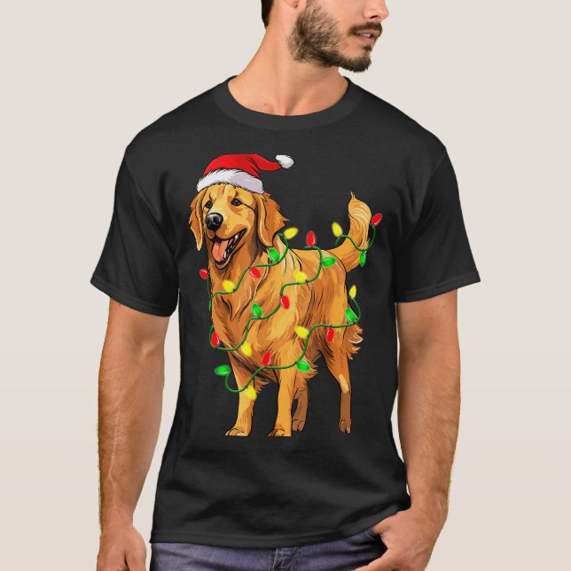 Golden Retriever Christmas Santa Hat Tree Lights P T-Shirt (Front)