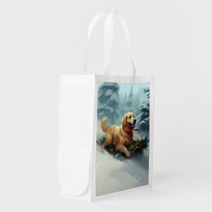 Golden Retriever Christmas snow winter Grocery Bag