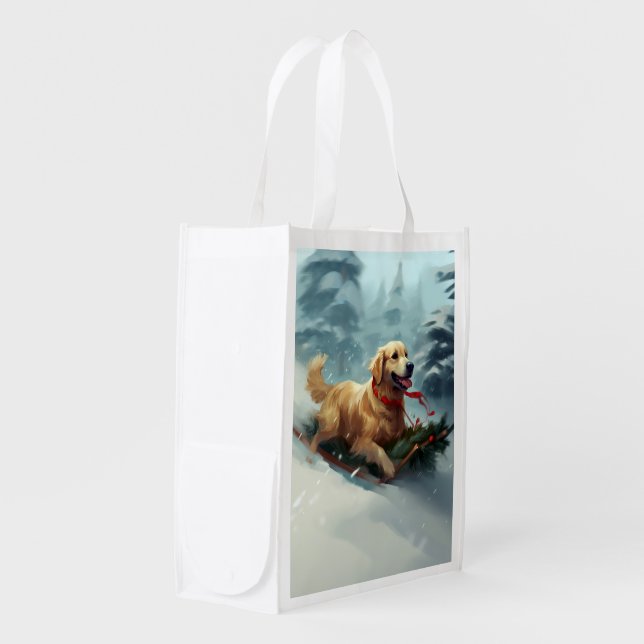 Golden Retriever Christmas snow winter  Grocery Bag (Front Side)