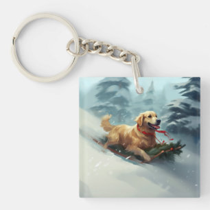 Golden Retriever Christmas snow winter Keychain