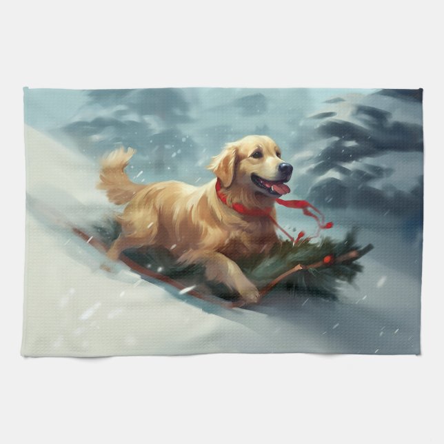 Golden Retriever Christmas snow winter  Kitchen Towel (Horizontal)