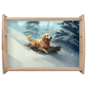 Golden Retriever Christmas snow winter  Serving Tray