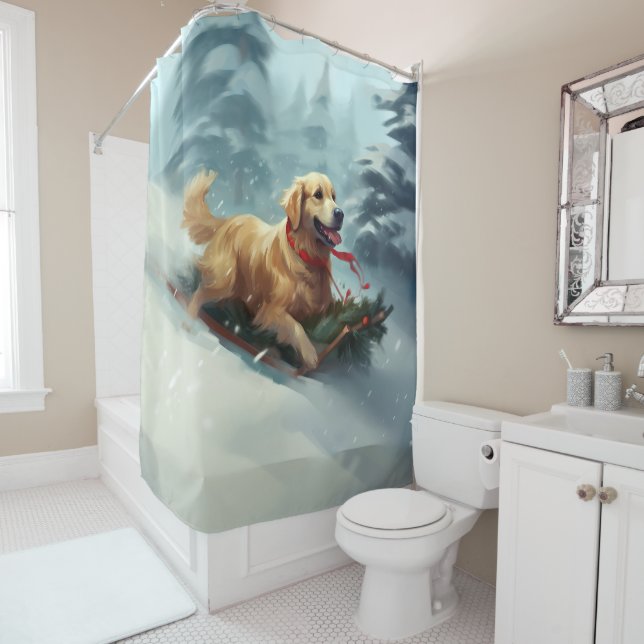 Golden Retriever Christmas snow winter  Shower Curtain (In Situ)