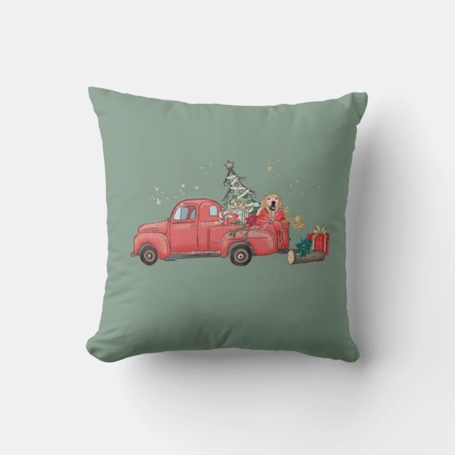 Golden Retriever Christmas Truck Pillow (Front)