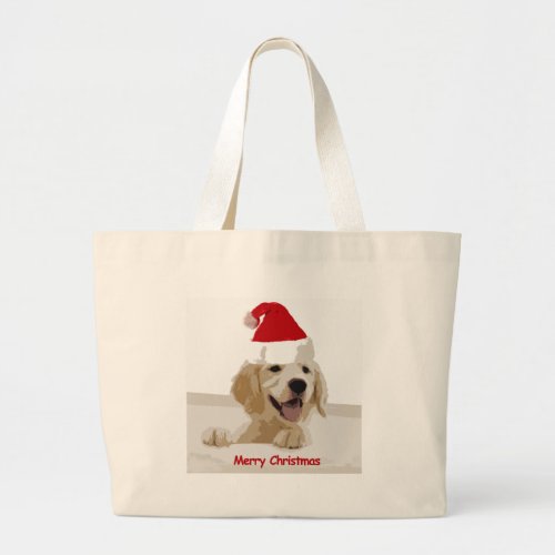 Golden Retriever Christmas with Santa Hat Large Tote Bag