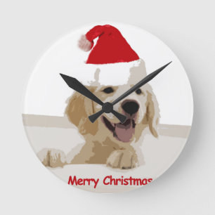 Golden Retriever Christmas with Santa Hat Round Clock