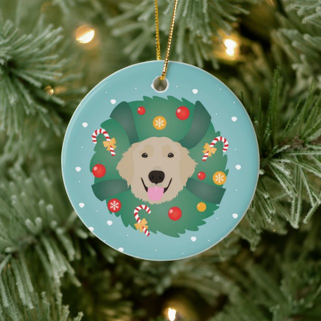 Golden Retriever Christmas Wreath Ceramic Ornament (Tree)