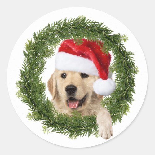 Golden Retriever Christmas wreath Classic Round Sticker