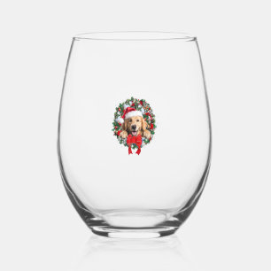 Golden Retriever Christmas Wreath Decoration Xmas Stemless Wine Glass