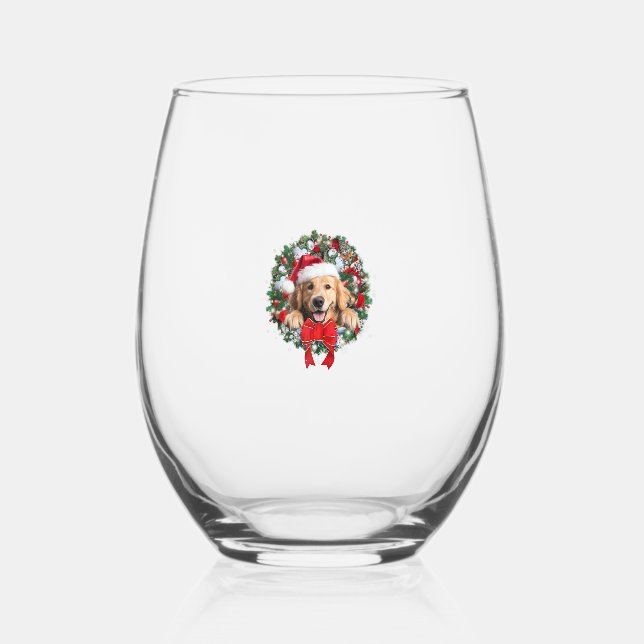 Golden Retriever Christmas Wreath Decoration Xmas  Stemless Wine Glass (Front)