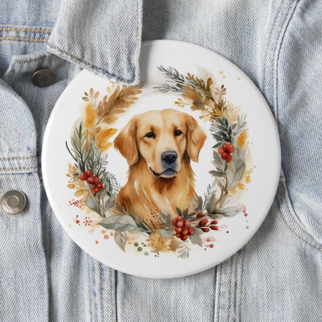 Golden Retriever Christmas Wreath Festive Pup Button (In Situ)