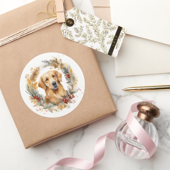 Golden Retriever Christmas Wreath Festive Pup Classic Round Sticker (Gifting)