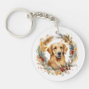 Golden Retriever Christmas Wreath Festive Pup Keychain