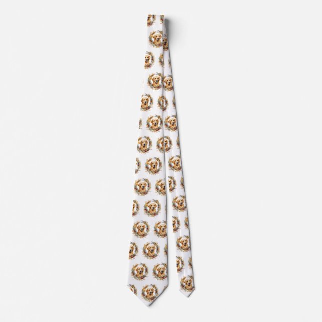 Golden Retriever Christmas Wreath Festive Pup Neck Tie (Front)