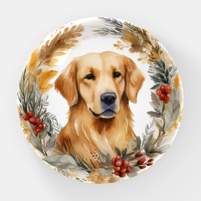 Golden Retriever Christmas Wreath Festive Pup Paperweight (Front)