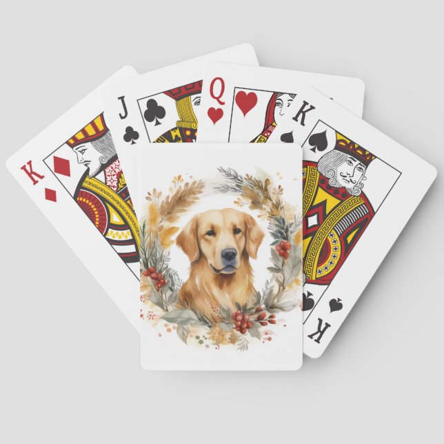 Golden Retriever Christmas Wreath Festive Pup Poker Cards (Back)