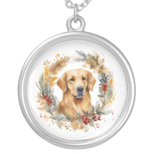 Golden Retriever Christmas Wreath Festive Pup Silver Plated Necklace