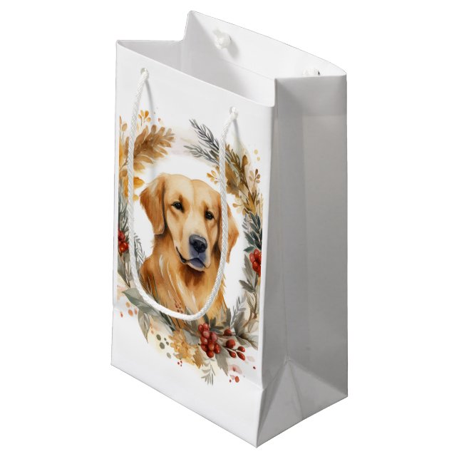 Golden Retriever Christmas Wreath Festive Pup Small Gift Bag (Front Angled)