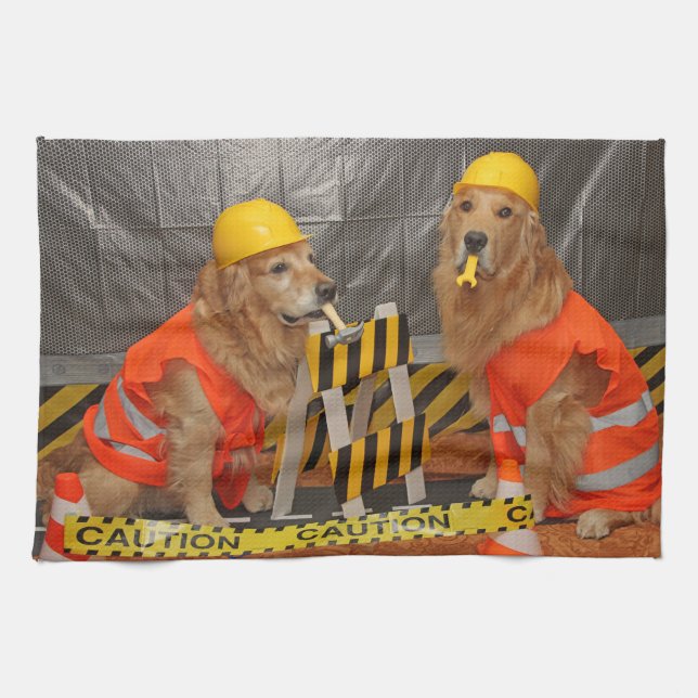 Golden Retriever Construction Workers Kitchen Towel (Horizontal)
