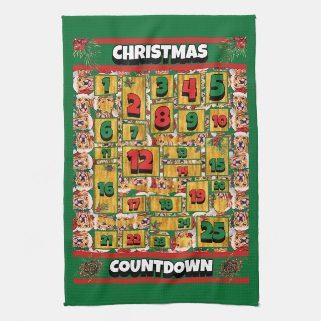Golden Retriever Countdown Christmas Advent Dog Kitchen Towel (Vertical)