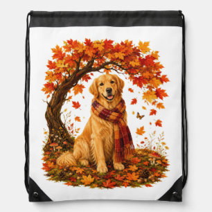 Golden Retriever Cozy Autumn Thanksgiving Drawstring Bag