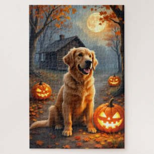 Golden Retriever Cozy Forest Halloween Art Jigsaw Puzzle