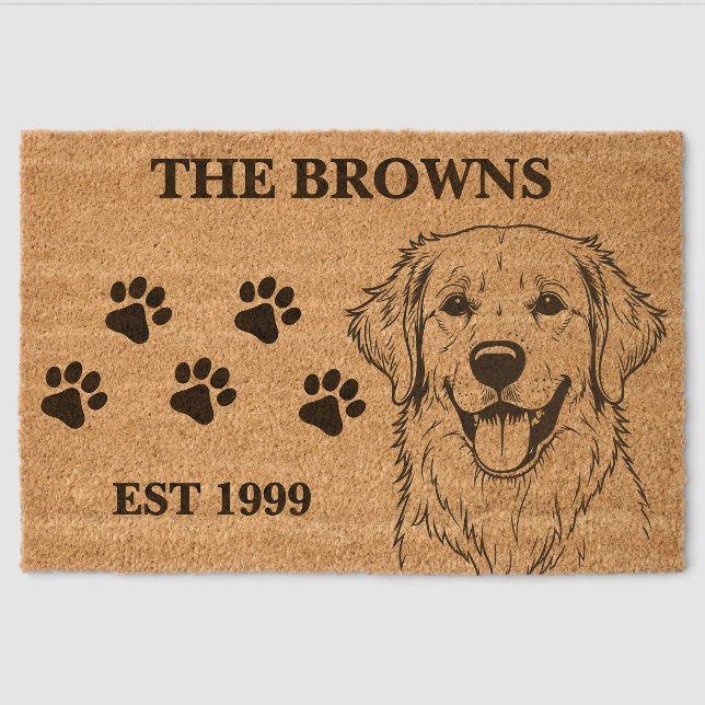 Golden Retriever Custom Family Name Welcome Fiber Doormat (Front)