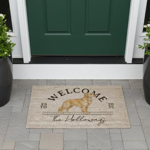 Golden Retriever Custom Family Name Welcome Fiber Doormat