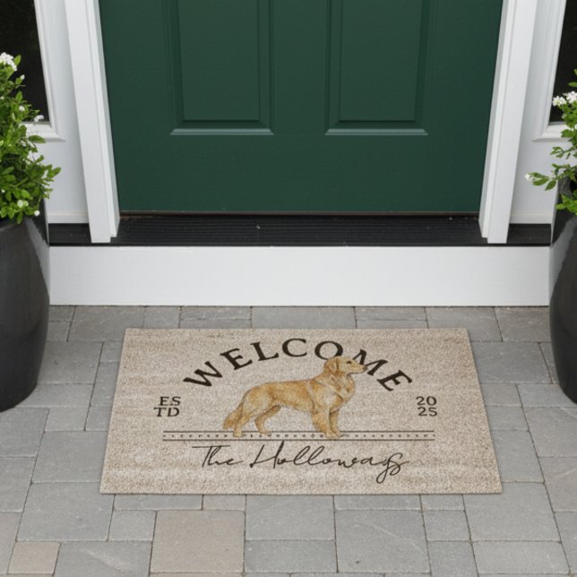 Golden Retriever Custom Family Name Welcome Fiber Doormat (Welcome guest to your loving, pet friendly home with this Golden Retriever Family Name Welcome Mat!)