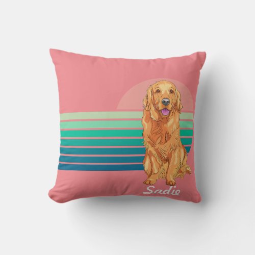 Golden Retriever Custom Name Retro Stripe Throw Pillow