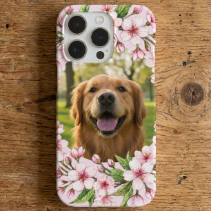 Golden retriever custom photo with cherry blossom iPhone 16 pro case